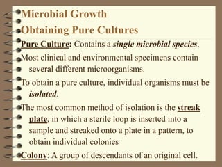 Microbial Growth
Obtaining Pure Cultures
Pure Culture: Contains a single microbial species.
Most clinical and environmenta...