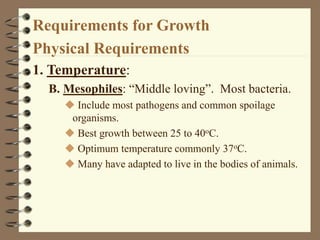 Requirements for Growth
Physical Requirements
1. Temperature:
B. Mesophiles: “Middle loving”. Most bacteria.
 Include mos...