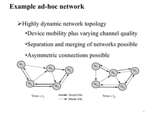 Example ad-hoc network
Highly dynamic network topology
•Device mobility plus varying channel quality
•Separation and merging of networks possible
•Asymmetric connections possible
26
 