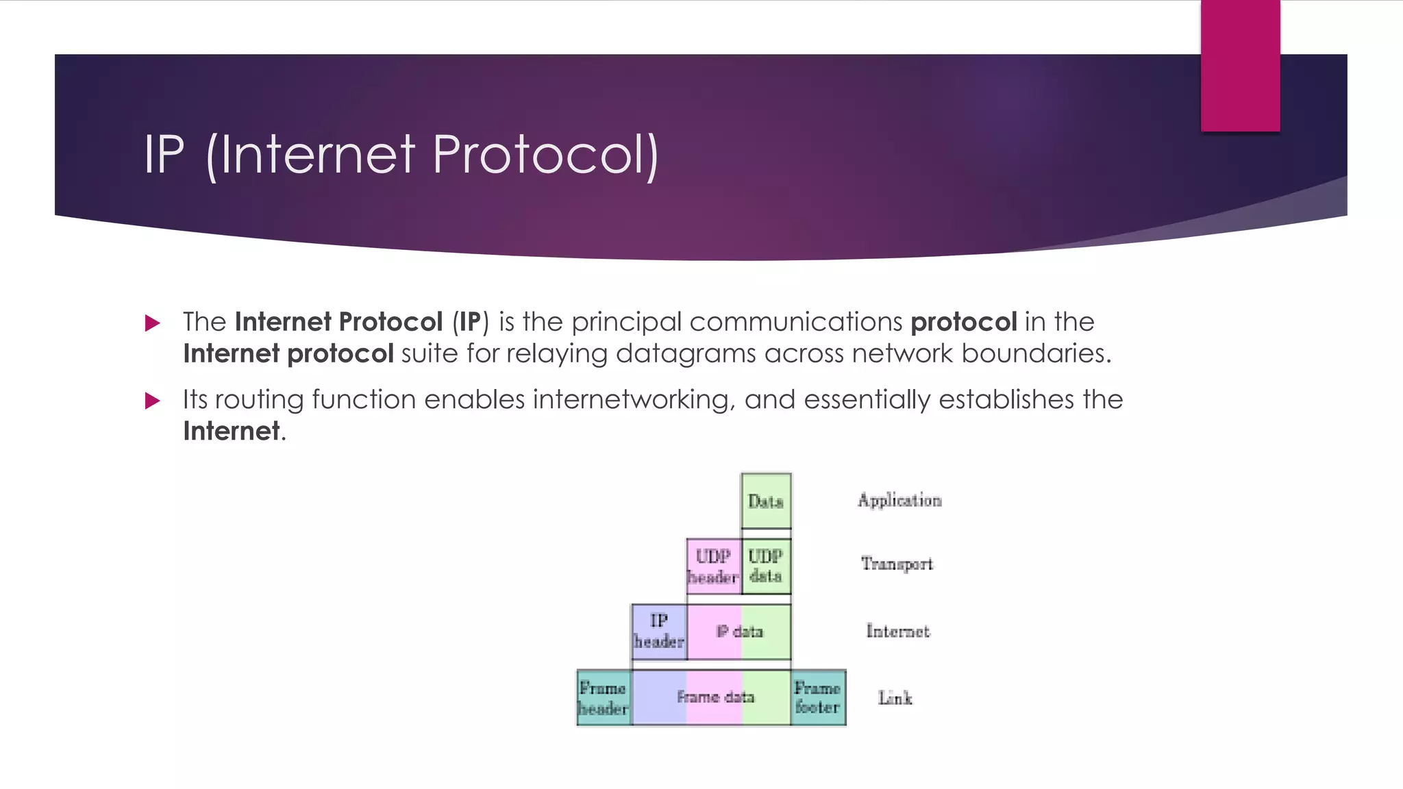 IP (Internet Protocol)
 The Internet Protocol (IP) is the principal communications protocol in the
Internet protocol suite for relaying datagrams across network boundaries.
 Its routing function enables internetworking, and essentially establishes the
Internet.
 