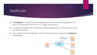 Multicast
 IP multicast is a method of sending Internet Protocol (IP) datagrams to a
group of interested receivers in a single transmission.
 It is often employed for streaming media applications on the Internet and
private networks.
 The method is the IP-specific version of the general concept of multicast
networking.
 