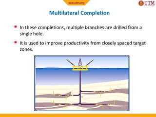 Multilateral Completion
 In these completions, multiple branches are drilled from a
single hole.
 It is used to improve ...