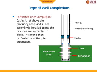 Type of Well Completions
 Perforated Liner Completion:
Casing is set above the
producing zone, and a liner
assembly is installed across the
pay zone and cemented in
place. The liner is then
perforated selectively for
production.
Production casing
Perforation
Liner
Production
zone
Tubing
Packer
 