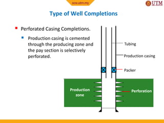 Type of Well Completions
 Perforated Casing Completions.
 Production casing is cemented
through the producing zone and
the pay section is selectively
perforated. Production casing
Tubing
Packer
Production
zone
Perforation
 