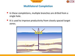Multilateral Completion
 In these completions, multiple branches are drilled from a
single hole.
 It is used to improve productivity from closely spaced target
zones.
 