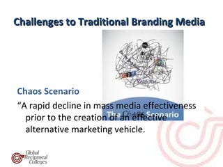Challenges to Traditional Branding Media




Chaos Scenario
“A rapid decline in mass media effectiveness
  prior to the creation of an effective
  alternative marketing vehicle.
 
