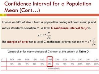 12
Confidence Interval for a Population
Mean (Cont…)
12
Values of z∗ for many choices of C shown at the bottom of Table D:
Choose an SRS of size n from a population having unknown mean µ and
known standard deviation σ. A level C confidence interval for µ is:
The margin of error for a level C confidence interval for μ is
n
zx
σ
*±
n
zm
σ
*=
 