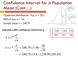 13
Confidence Interval for a Population
Mean (Cont…)
)59.250,99.230(8.979.240
16
20
96.179.240*
=±=
⋅±=⋅±
n
zx
σ
79240meanSample
.16sizeofSRS
20:ondistributiPopulation
.x
n
);N(µ, σ
=
=
=
Calculate a 95% confidence interval for µ.
n
zx
σ
*±
 