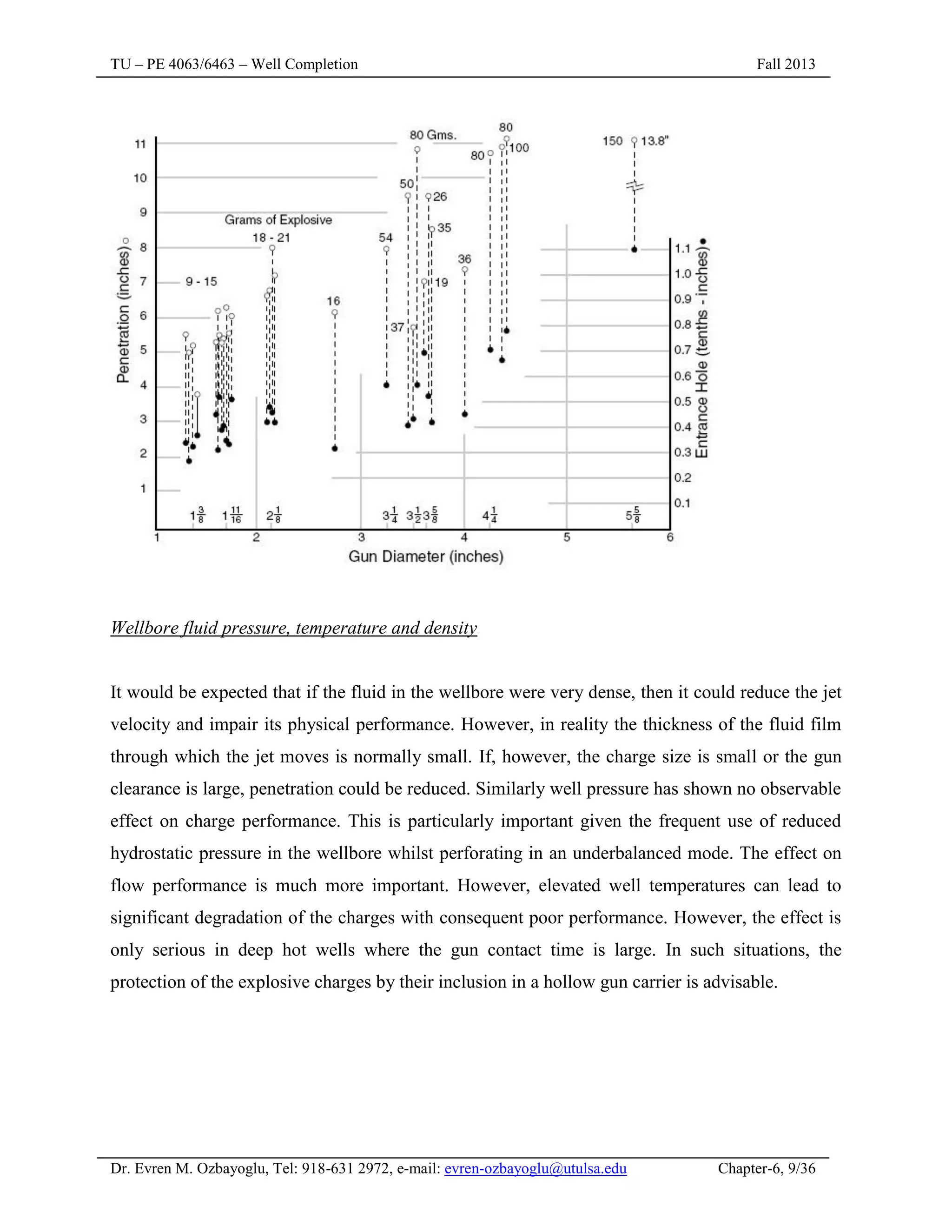 TU – PE 4063/6463 – Well Completion Fall 2013
Dr. Evren M. Ozbayoglu, Tel: 918-631 2972, e-mail: evren-ozbayoglu@utulsa.edu Chapter-6, 9/36
Wellbore fluid pressure, temperature and density
It would be expected that if the fluid in the wellbore were very dense, then it could reduce the jet
velocity and impair its physical performance. However, in reality the thickness of the fluid film
through which the jet moves is normally small. If, however, the charge size is small or the gun
clearance is large, penetration could be reduced. Similarly well pressure has shown no observable
effect on charge performance. This is particularly important given the frequent use of reduced
hydrostatic pressure in the wellbore whilst perforating in an underbalanced mode. The effect on
flow performance is much more important. However, elevated well temperatures can lead to
significant degradation of the charges with consequent poor performance. However, the effect is
only serious in deep hot wells where the gun contact time is large. In such situations, the
protection of the explosive charges by their inclusion in a hollow gun carrier is advisable.
 