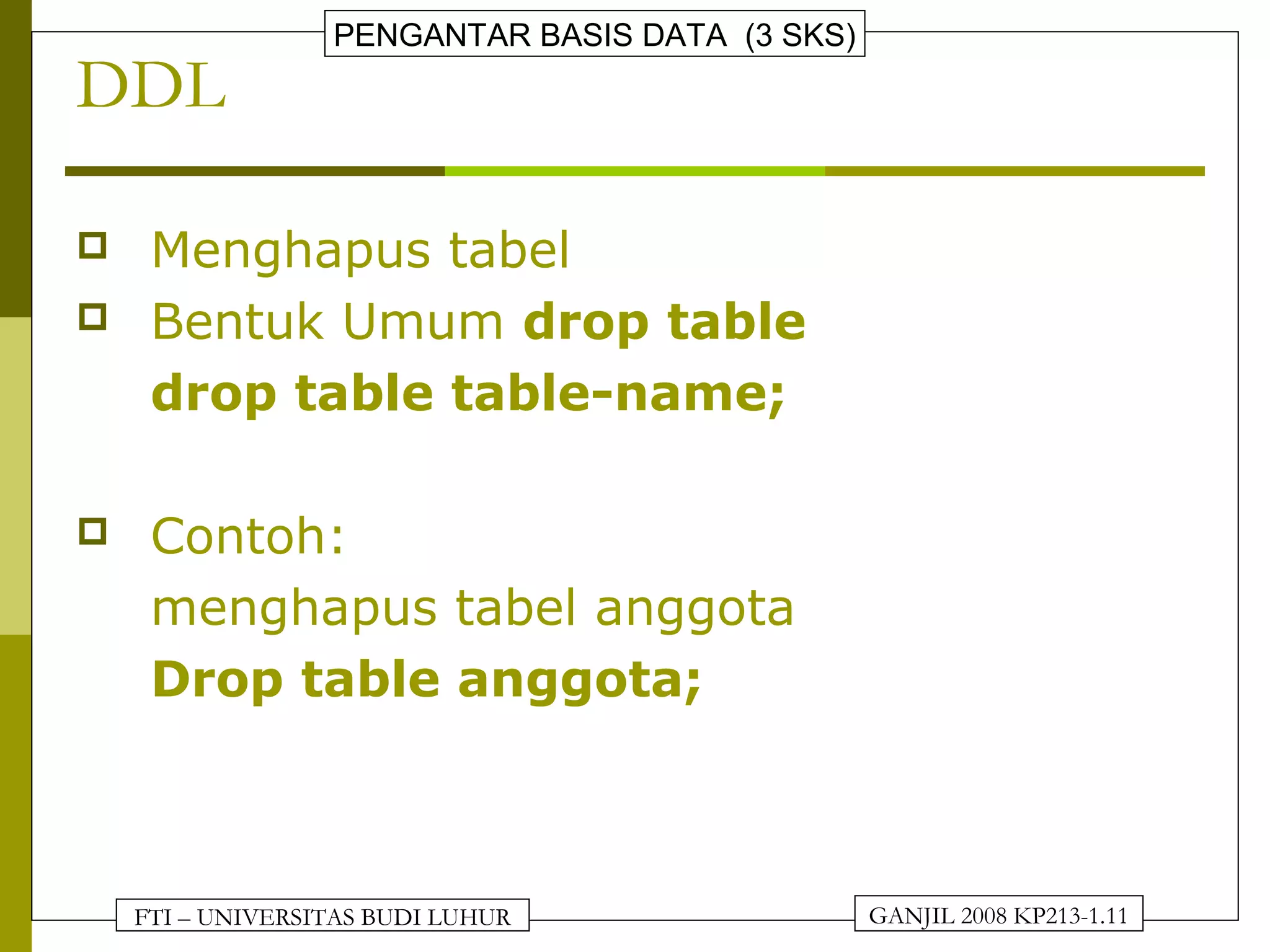 FTI – UNIVERSITAS BUDI LUHUR
PENGANTAR BASIS DATA (3 SKS)
GANJIL 2008 KP213-1.11
DDL
 Menghapus tabel
 Bentuk Umum drop table
drop table table-name;
 Contoh:
menghapus tabel anggota
Drop table anggota;
 