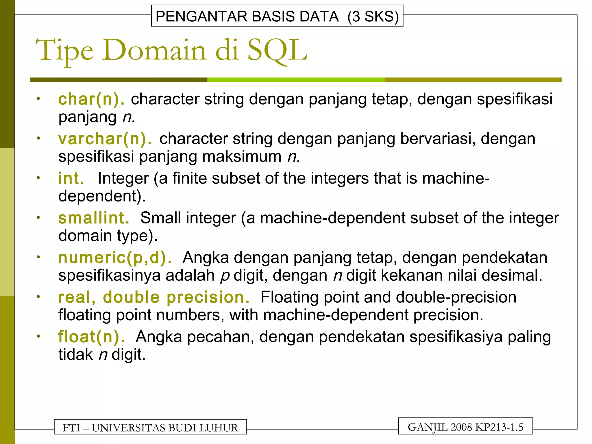 FTI – UNIVERSITAS BUDI LUHUR
PENGANTAR BASIS DATA (3 SKS)
GANJIL 2008 KP213-1.5
Tipe Domain di SQL
• char(n). character string dengan panjang tetap, dengan spesifikasi
panjang n.
• varchar(n). character string dengan panjang bervariasi, dengan
spesifikasi panjang maksimum n.
• int. Integer (a finite subset of the integers that is machine-
dependent).
• smallint. Small integer (a machine-dependent subset of the integer
domain type).
• numeric(p,d). Angka dengan panjang tetap, dengan pendekatan
spesifikasinya adalah p digit, dengan n digit kekanan nilai desimal.
• real, double precision. Floating point and double-precision
floating point numbers, with machine-dependent precision.
• float(n). Angka pecahan, dengan pendekatan spesifikasiya paling
tidak n digit.
 
