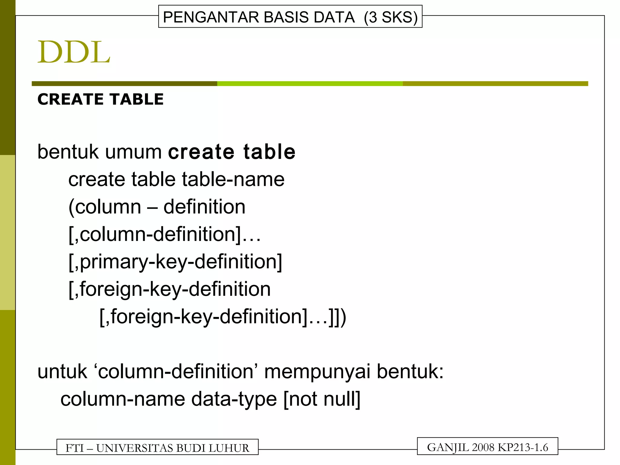 FTI – UNIVERSITAS BUDI LUHUR
PENGANTAR BASIS DATA (3 SKS)
GANJIL 2008 KP213-1.6
DDL
CREATE TABLE
bentuk umum create table
create table table-name
(column – definition
[,column-definition]…
[,primary-key-definition]
[,foreign-key-definition
[,foreign-key-definition]…]])
untuk ‘column-definition’ mempunyai bentuk:
column-name data-type [not null]
 