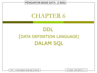 PENGANTAR BASIS DATA (3 SKS)
GANJIL 2008 KP213-1.1FTI – UNIVERSITAS BUDI LUHUR
CHAPTER 6
DDL
(DATA DEFINITION LANGUAGE)
DALAM SQL
 