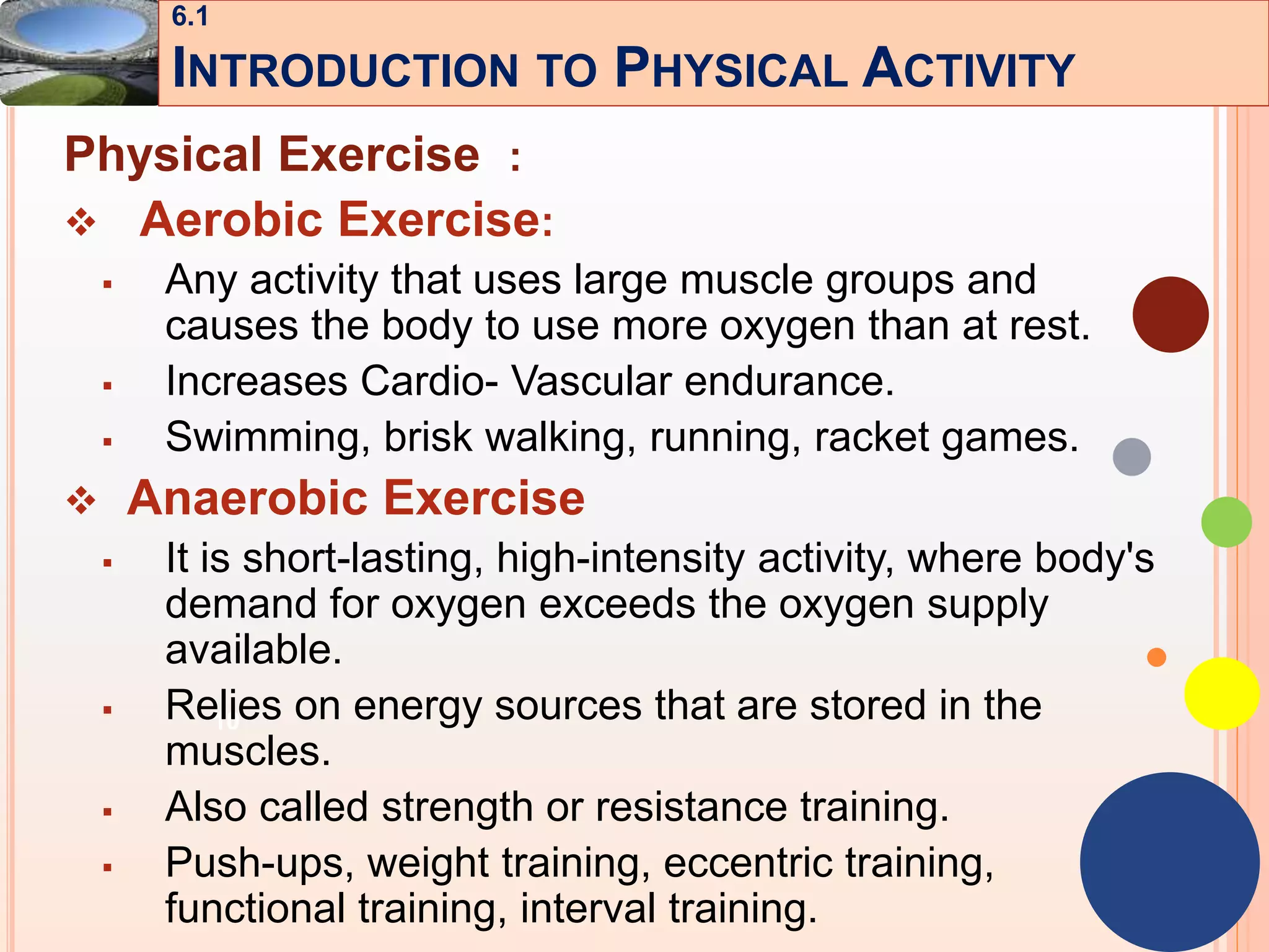 10
Physical Exercise :
 Aerobic Exercise:
 Any activity that uses large muscle groups and
causes the body to use more oxygen than at rest.
 Increases Cardio- Vascular endurance.
 Swimming, brisk walking, running, racket games.
 Anaerobic Exercise
 It is short-lasting, high-intensity activity, where body's
demand for oxygen exceeds the oxygen supply
available.
 Relies on energy sources that are stored in the
muscles.
 Also called strength or resistance training.
 Push-ups, weight training, eccentric training,
functional training, interval training.
6.1
INTRODUCTION TO PHYSICAL ACTIVITY
 