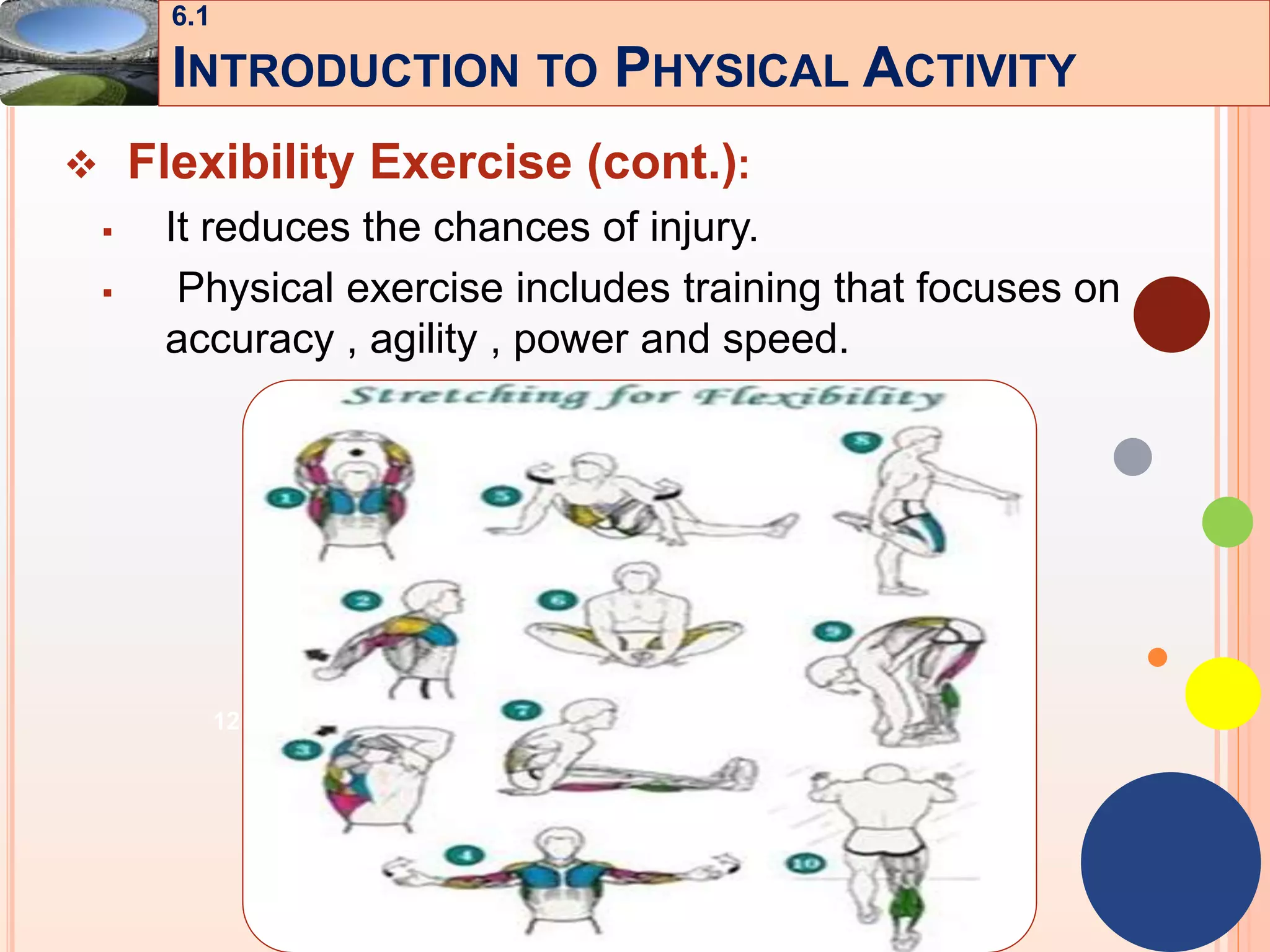12
 Flexibility Exercise (cont.):
 It reduces the chances of injury.
 Physical exercise includes training that focuses on
accuracy , agility , power and speed.
6.1
INTRODUCTION TO PHYSICAL ACTIVITY
 