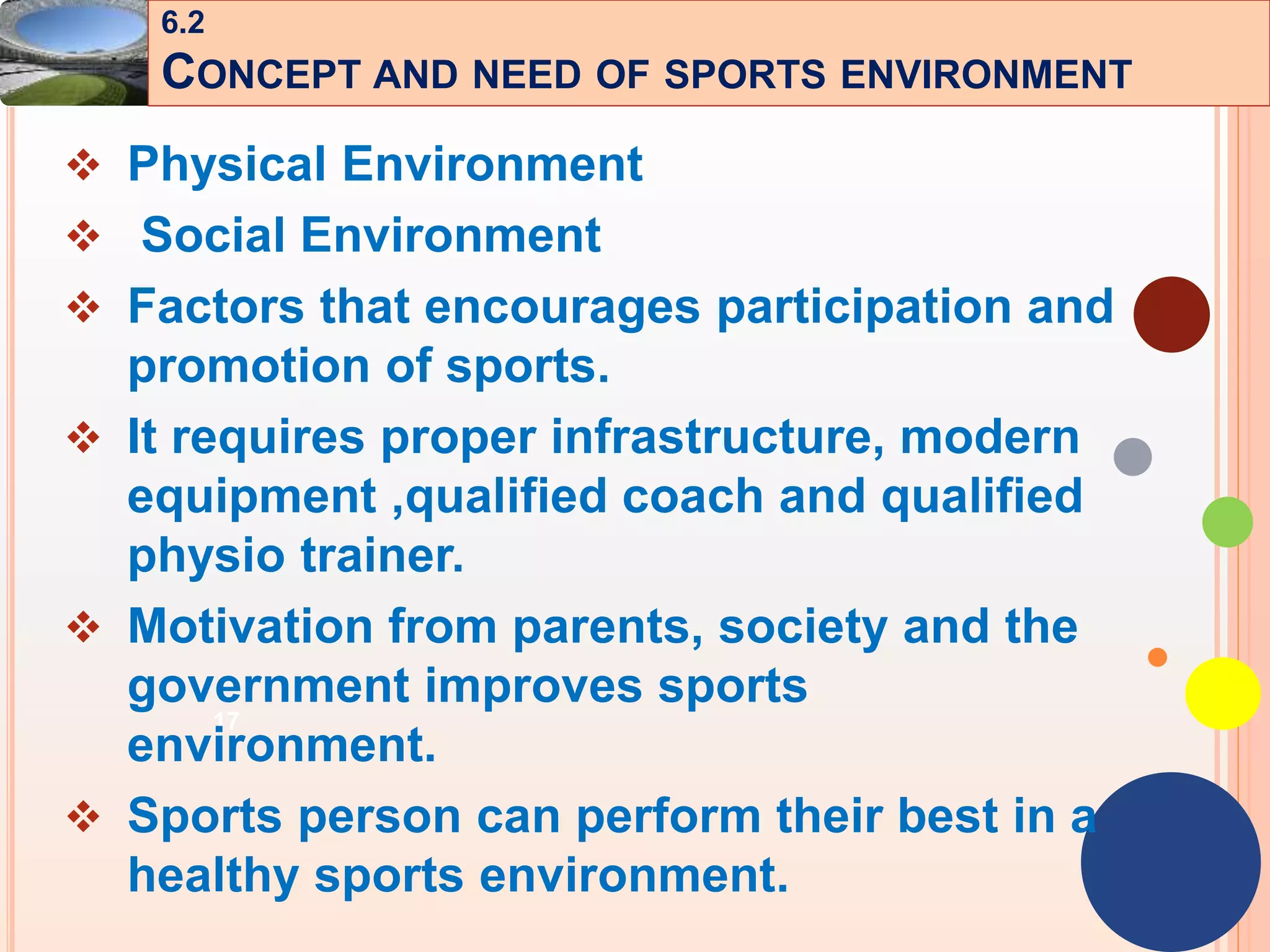 17
 Physical Environment
 Social Environment
 Factors that encourages participation and
promotion of sports.
 It requires proper infrastructure, modern
equipment ,qualified coach and qualified
physio trainer.
 Motivation from parents, society and the
government improves sports
environment.
 Sports person can perform their best in a
healthy sports environment.
6.2
CONCEPT AND NEED OF SPORTS ENVIRONMENT
 