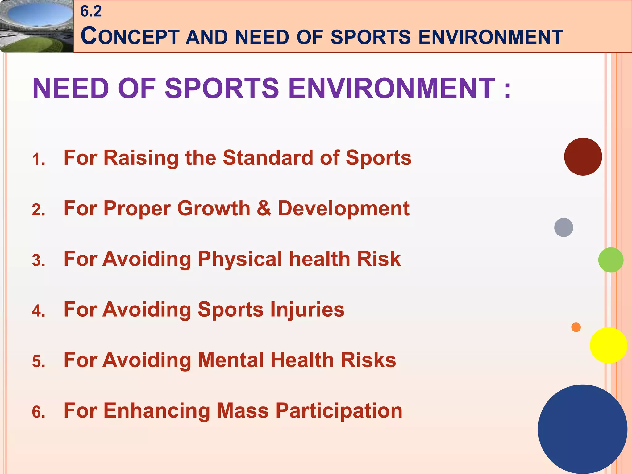 18
NEED OF SPORTS ENVIRONMENT :
1. For Raising the Standard of Sports
2. For Proper Growth & Development
3. For Avoiding Physical health Risk
4. For Avoiding Sports Injuries
5. For Avoiding Mental Health Risks
6. For Enhancing Mass Participation
6.2
CONCEPT AND NEED OF SPORTS ENVIRONMENT
 