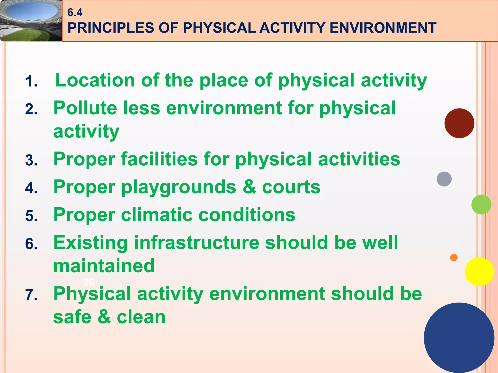 26
1. Location of the place of physical activity
2. Pollute less environment for physical
activity
3. Proper facilities for physical activities
4. Proper playgrounds & courts
5. Proper climatic conditions
6. Existing infrastructure should be well
maintained
7. Physical activity environment should be
safe & clean
6.4
PRINCIPLES OF PHYSICAL ACTIVITY ENVIRONMENT
 