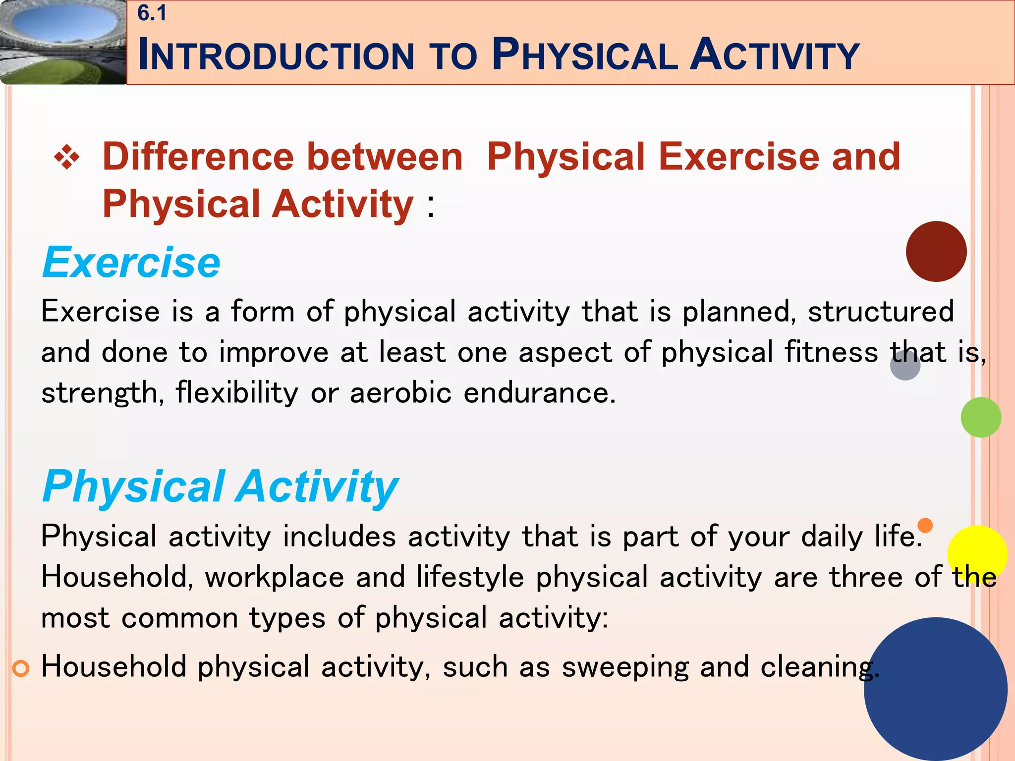 7
 Difference between Physical Exercise and
Physical Activity :
Exercise
Exercise is a form of physical activity that is planned, structured
and done to improve at least one aspect of physical fitness that is,
strength, flexibility or aerobic endurance.
Physical Activity
Physical activity includes activity that is part of your daily life.
Household, workplace and lifestyle physical activity are three of the
most common types of physical activity:
 Household physical activity, such as sweeping and cleaning.
6.1
INTRODUCTION TO PHYSICAL ACTIVITY
 