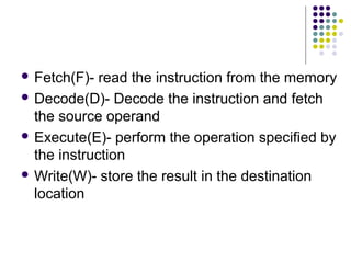  Fetch(F)- read the instruction from the memory
 Decode(D)- Decode the instruction and fetch
the source operand
 Execute(E)- perform the operation specified by
the instruction
 Write(W)- store the result in the destination
location
 