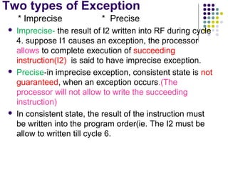 Two types of Exception
* Imprecise * Precise
 Imprecise- the result of I2 written into RF during cycle
4. suppose I1 causes an exception, the processor
allows to complete execution of succeeding
instruction(I2) is said to have imprecise exception.
 Precise-in imprecise exception, consistent state is not
guaranteed, when an exception occurs.(The
processor will not allow to write the succeeding
instruction)
 In consistent state, the result of the instruction must
be written into the program order(ie. The I2 must be
allow to written till cycle 6.
 