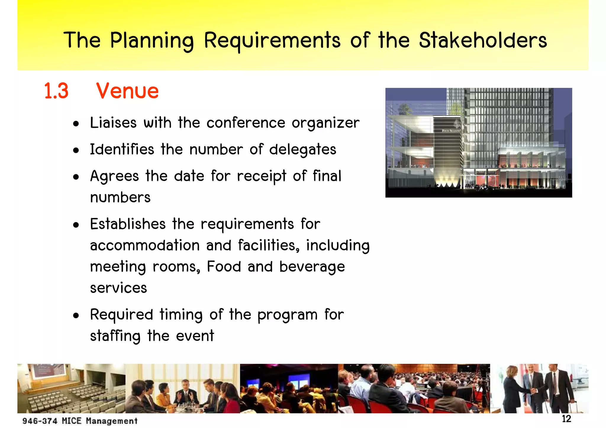 The Planning Requirements of the Stakeholders
1.3 Venue
  • Liaises with the conference organizer
  • Identifies the number of delegates
  • Agrees the date for receipt of final
    numbers
  • Establishes the requirements for
    accommodation and facilities, including
    meeting rooms, Food and beverage
    services
  • Required timing of the program for
    staffing the event


                                                 12
 