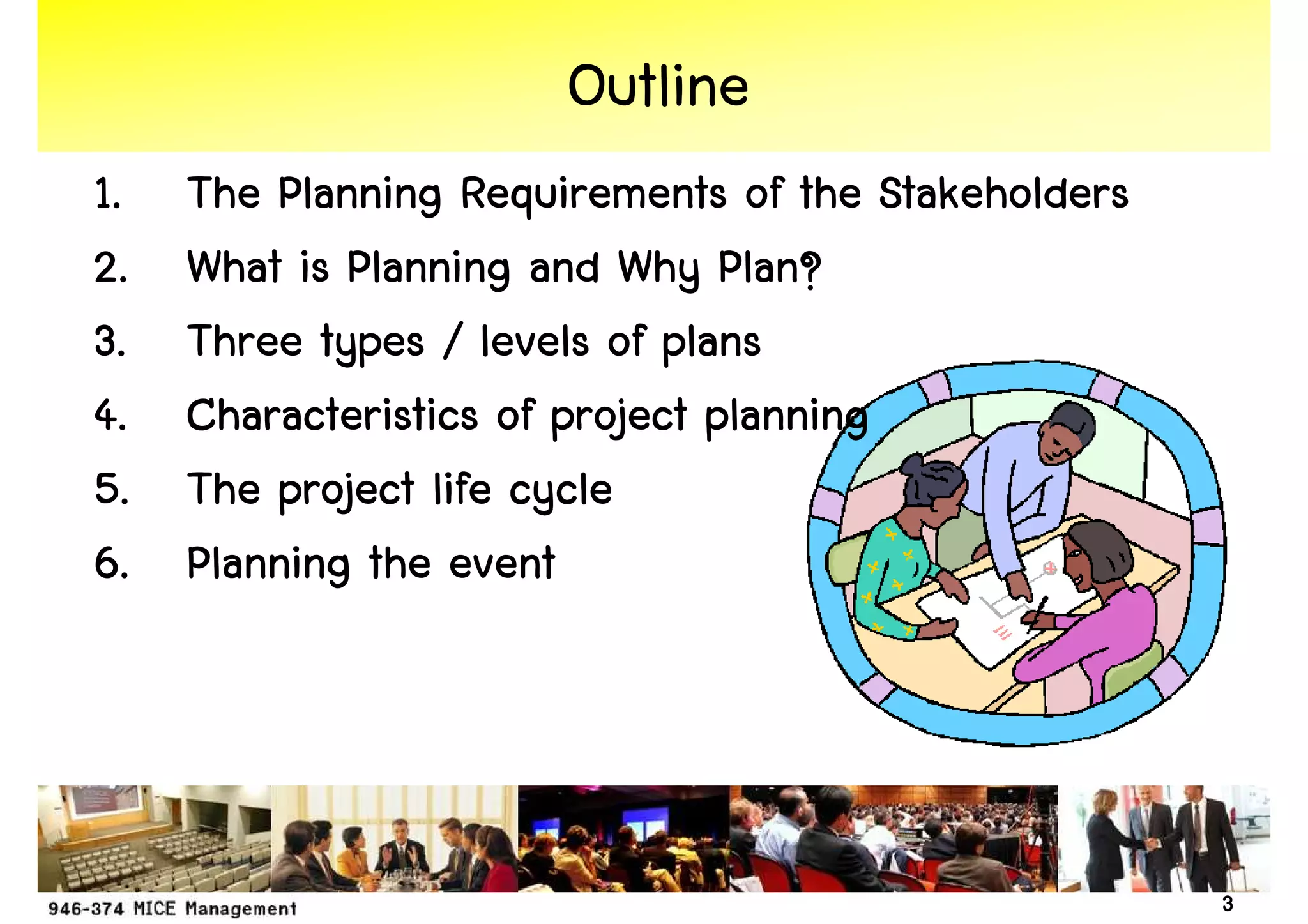 Outline
1.   The Planning Requirements of the Stakeholders
2.   What is Planning and Why Plan?
3.   Three types / levels of plans
4.   Characteristics of project planning
5.   The project life cycle
6.   Planning the event




                                                     3
 