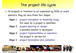 The project life cycle
• All projects or functions to be organized by PCOs or event
  planners, they all have these four stages:
   Stage 1: project conception or feasibility study
              the need for a project is identified
   Stage 2: project planning or design
              a possible solution is developed
   Stage 3: project implementation or execution
              the project is carried out
   Stage 4: project termination and evaluation


                                                               27
 