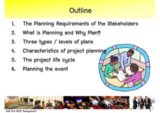 Outline
1.   The Planning Requirements of the Stakeholders
2.   What is Planning and Why Plan?
3.   Three types / levels of plans
4.   Characteristics of project planning
5.   The project life cycle
6.   Planning the event




                                                     3
 