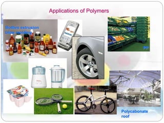 Applications of Polymers
PP
Polycabonate
roof
Bottles extrusion
blow molding
 
