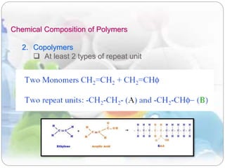 Chemical Composition of Polymers
2. Copolymers
 At least 2 types of repeat unit
 