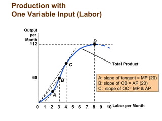 Total Product
A: slope of tangent = MP (20)
B: slope of OB = AP (20)
C: slope of OC= MP & AP
Labor per Month
Output
per
Month
60
112
0 2 3 4 5 6 7 8 9 101
A
B
C
D
Production with
One Variable Input (Labor)
 