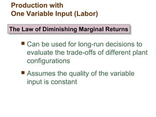  Can be used for long-run decisions to
evaluate the trade-offs of different plant
configurations
 Assumes the quality of the variable
input is constant
The Law of Diminishing Marginal ReturnsThe Law of Diminishing Marginal Returns
Production with
One Variable Input (Labor)
 