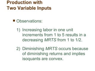  Observations:
1) Increasing labor in one unit
increments from 1 to 5 results in a
decreasing MRTS from 1 to 1/2.
2) Diminishing MRTS occurs because
of diminishing returns and implies
isoquants are convex.
Production with
Two Variable Inputs
 