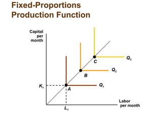 Fixed-Proportions
Production Function
Labor
per month
Capital
per
month
L1
K1
Q1
Q2
Q3
A
B
C
 