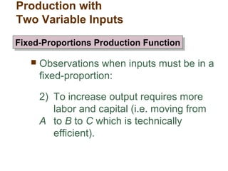  Observations when inputs must be in a
fixed-proportion:
2) To increase output requires more
labor and capital (i.e. moving from
A to B to C which is technically
efficient).
Fixed-Proportions Production FunctionFixed-Proportions Production Function
Production with
Two Variable Inputs
 