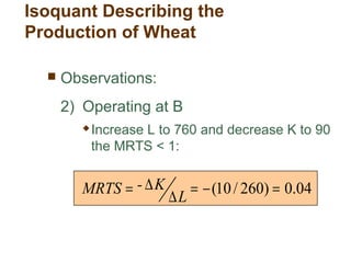  Observations:
2) Operating at B
 Increase L to 760 and decrease K to 90
the MRTS < 1:
04.0)260/10( =−=
∆
∆=
L
K-MRTS
Isoquant Describing the
Production of Wheat
 