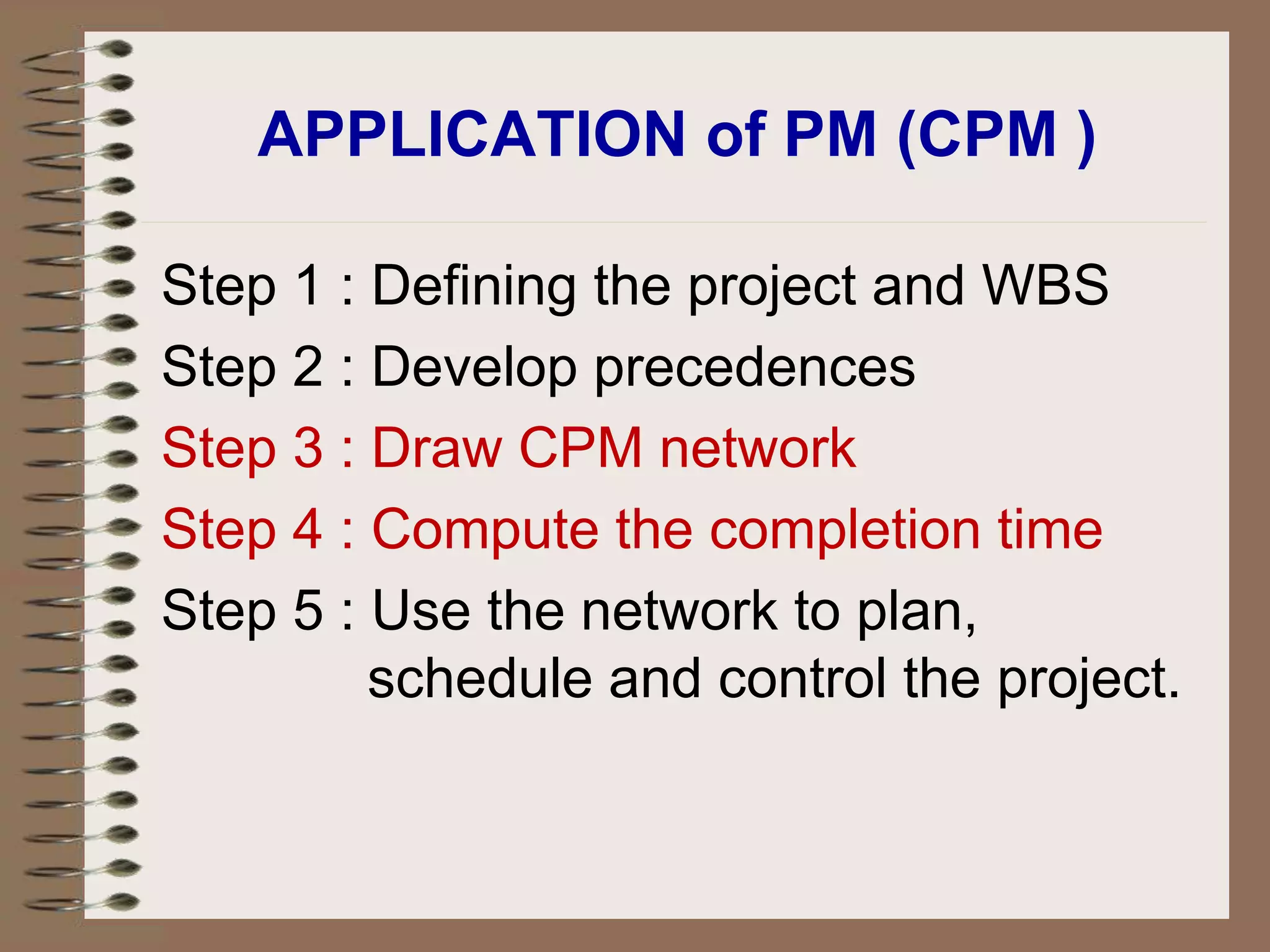 APPLICATION of PM (CPM )
Step 1 : Defining the project and WBS
Step 2 : Develop precedences
Step 3 : Draw CPM network
Step 4 : Compute the completion time
Step 5 : Use the network to plan,
schedule and control the project.
 