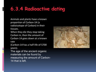6.3.4 Radioactive dating
Animals and plants have a known
proportion of Carbon-14 (a
radioisotope of Carbon) in their
tissues.
When they die they stop taking
Carbon in, then the amount of
Carbon-14 goes down at a known
rate
(Carbon-14 has a half-life of 5700
years).
The age of the ancient organic
materials can be found by
measuring the amount of Carbon-
14 that is left.
 