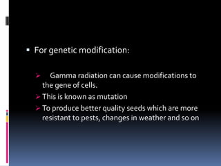  For genetic modification:
 Gamma radiation can cause modifications to
the gene of cells.
 This is known as mutation
 To produce better quality seeds which are more
resistant to pests, changes in weather and so on
 