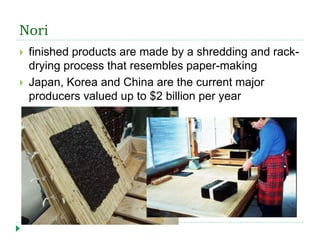 Nori
 finished products are made by a shredding and rack-
drying process that resembles paper-making
 Japan, Korea and C...