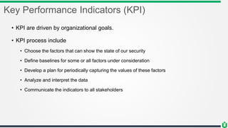 Key Performance Indicators (KPI)
• KPI are driven by organizational goals.
• KPI process include
• Choose the factors that can show the state of our security
• Define baselines for some or all factors under consideration
• Develop a plan for periodically capturing the values of these factors
• Analyze and interpret the data
• Communicate the indicators to all stakeholders
 