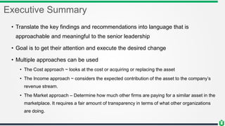 Executive Summary
• Translate the key findings and recommendations into language that is
approachable and meaningful to the senior leadership
• Goal is to get their attention and execute the desired change
• Multiple approaches can be used
• The Cost approach ~ looks at the cost or acquiring or replacing the asset
• The Income approach ~ considers the expected contribution of the asset to the company’s
revenue stream.
• The Market approach – Determine how much other firms are paying for a similar asset in the
marketplace. It requires a fair amount of transparency in terms of what other organizations
are doing.
 
