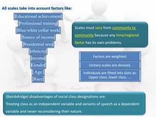 All scales take into account factors like:
Educational achievement
Professional training
Blue/white collar work
Source of income
Residential area
ethnicity
income
Gender
Age
Race
Scales must vary from community to
community because any time/regional
factor has its own problems.
(Bainbdridge) disadvantages of social class designations are:
Treating class as an independent variable and variants of speech as a dependent
variable and never reconsidering their nature.
Factors are weighted.
Unitary scales are devised.
Individuals are fitted into slots as:
Upper class, lower class, ….
 