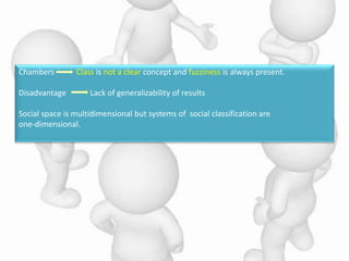 Chambers Class is not a clear concept and fuzziness is always present.
Disadvantage Lack of generalizability of results
Social space is multidimensional but systems of social classification are
one-dimensional.
 