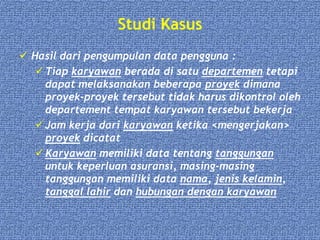 Studi Kasus
 Hasil dari pengumpulan data pengguna :
 Tiap karyawan berada di satu departemen tetapi
dapat melaksanakan beberapa proyek dimana
proyek-proyek tersebut tidak harus dikontrol oleh
departement tempat karyawan tersebut bekerja
 Jam kerja dari karyawan ketika <mengerjakan>
proyek dicatat
 Karyawan memiliki data tentang tanggungan
untuk keperluan asuransi, masing-masing
tanggungan memiliki data nama, jenis kelamin,
tanggal lahir dan hubungan dengan karyawan
 