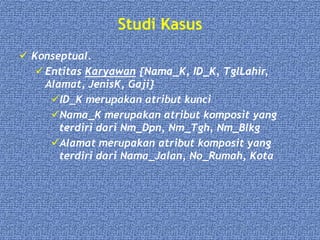 Studi Kasus
 Konseptual.
 Entitas Karyawan {Nama_K, ID_K, TglLahir,
Alamat, JenisK, Gaji}
ID_K merupakan atribut kunci
Nama_K merupakan atribut komposit yang
terdiri dari Nm_Dpn, Nm_Tgh, Nm_Blkg
Alamat merupakan atribut komposit yang
terdiri dari Nama_Jalan, No_Rumah, Kota
 