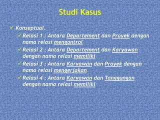 Studi Kasus
 Konseptual.
 Relasi 1 : Antara Departement dan Proyek dengan
nama relasi mengontrol
 Relasi 2 : Antara Departement dan Karyawan
dengan nama relasi memiliki
 Relasi 3 : Antara Karyawan dan Proyek dengan
nama relasi mengerjakan
 Relasi 4 : Antara Karyawan dan Tanggungan
dengan nama relasi memiliki
 