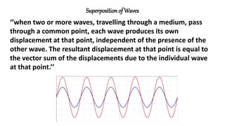 Superposition of Waves
‘’when two or more waves, travelling through a medium, pass
through a common point, each wave produces its own
displacement at that point, independent of the presence of the
other wave. The resultant displacement at that point is equal to
the vector sum of the displacements due to the individual wave
at that point.’’
 
