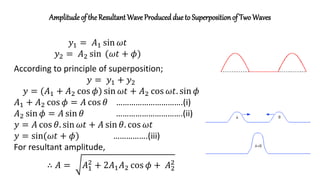 Amplitude of theResultant Wave Produced due to Superpositionof Two Waves
𝑦1 = 𝐴1 sin 𝜔𝑡
𝑦2 = 𝐴2 sin (𝜔𝑡 + 𝜙)
According to principle of superposition;
𝑦 = 𝑦1 + 𝑦2
𝑦 = (𝐴1 + 𝐴2 cos 𝜙) sin 𝜔𝑡 + 𝐴2 cos 𝜔𝑡. sin 𝜙
𝐴1 + 𝐴2 cos 𝜙 = 𝐴 cos 𝜃 ………………………….(i)
𝐴2 sin 𝜙 = 𝐴 sin 𝜃 ………………………….(ii)
𝑦 = 𝐴 cos 𝜃. sin 𝜔𝑡 + 𝐴 sin 𝜃. cos 𝜔𝑡
𝑦 = sin(𝜔𝑡 + 𝜙) …………….(iii)
For resultant amplitude,
∴ 𝐴 = 𝐴1
2
+ 2𝐴1𝐴2 cos 𝜙 + 𝐴2
2
 
